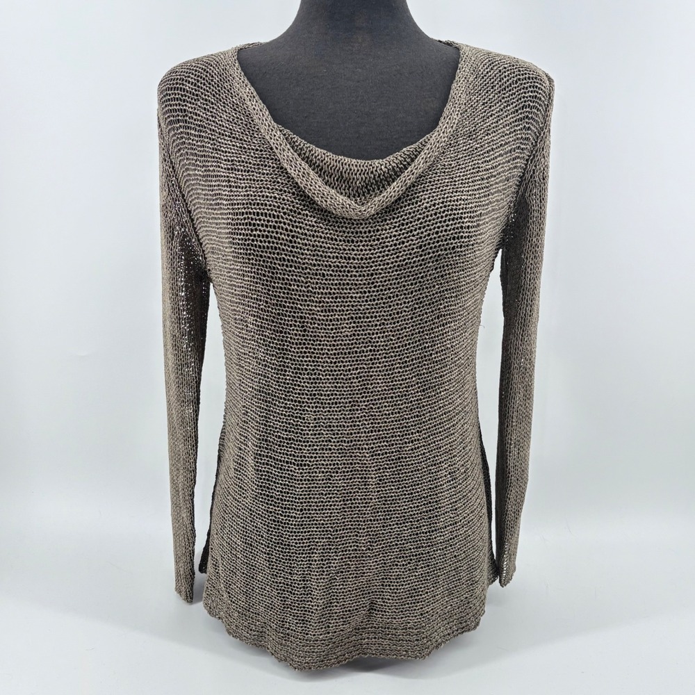 Soft Surroundings Taupe Brown Cowl Neck Open Weave Crochet Knit Sweater Small